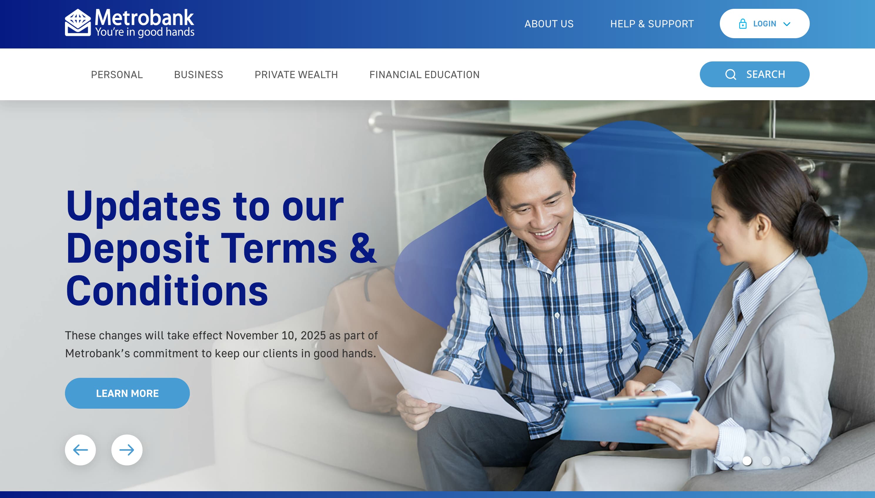 Metrobank's hero section with dynamic content carousel